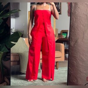 Red Strapless Wide-Leg Jumpsuit With Pockets Size Small